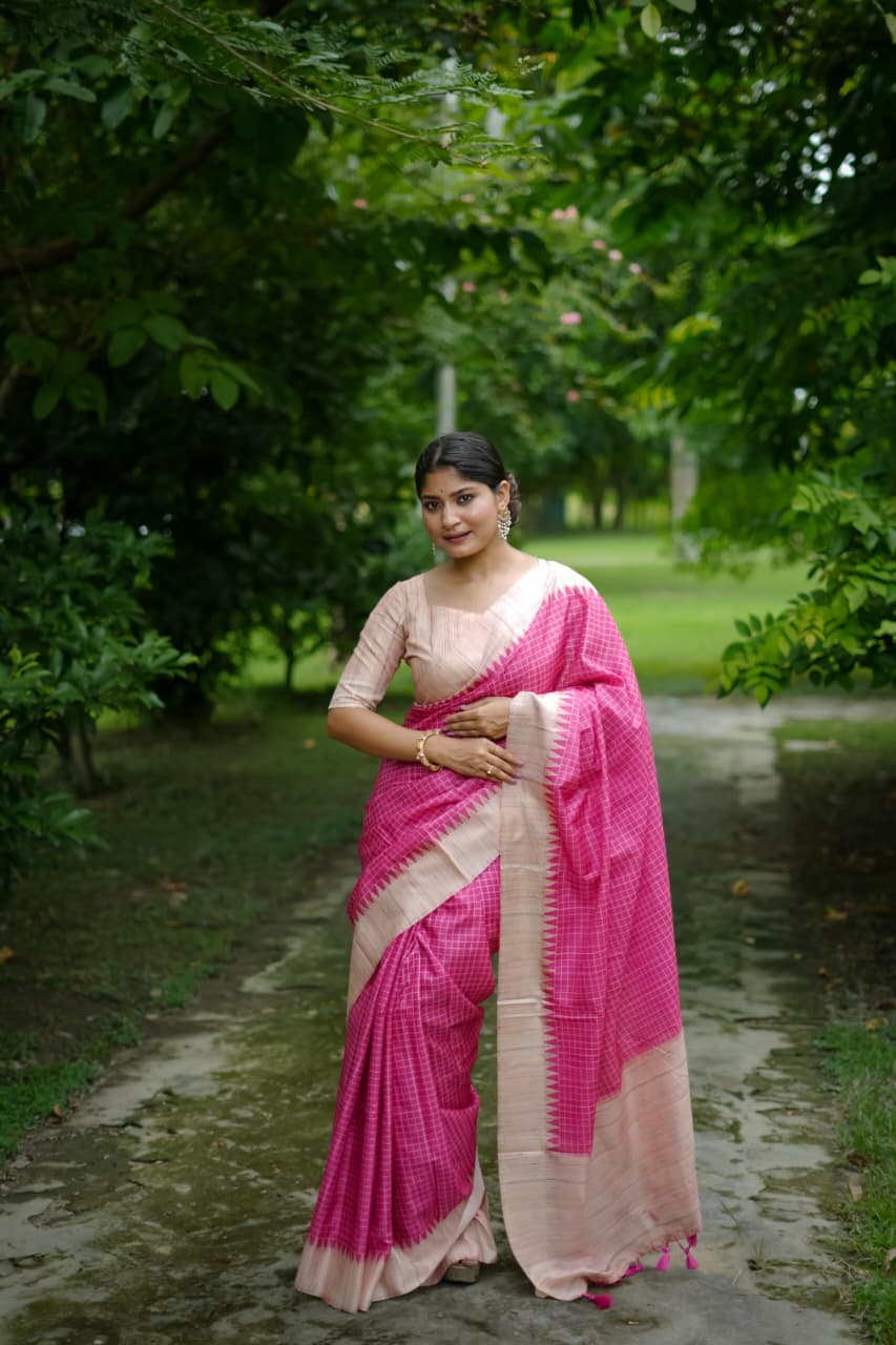 Premium Soft Tussar Silk Kantha Border Saree with Checks Printed Pattern